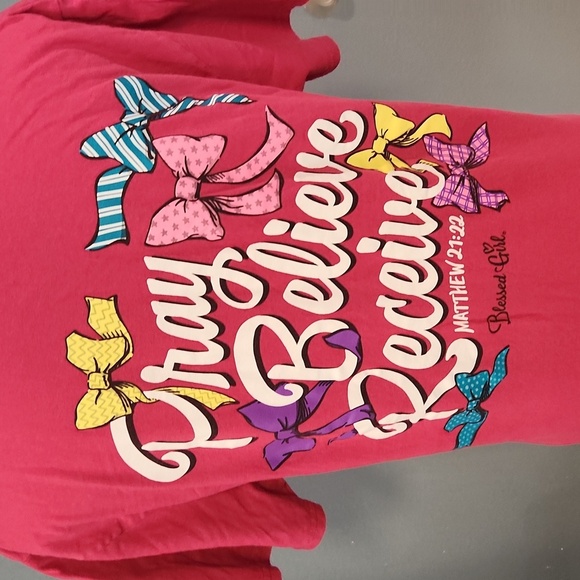 Blessed Girl Pray Believe Receive Bow Detail Feminine 100% Cotton Tee Shirt - Picture 2 of 8